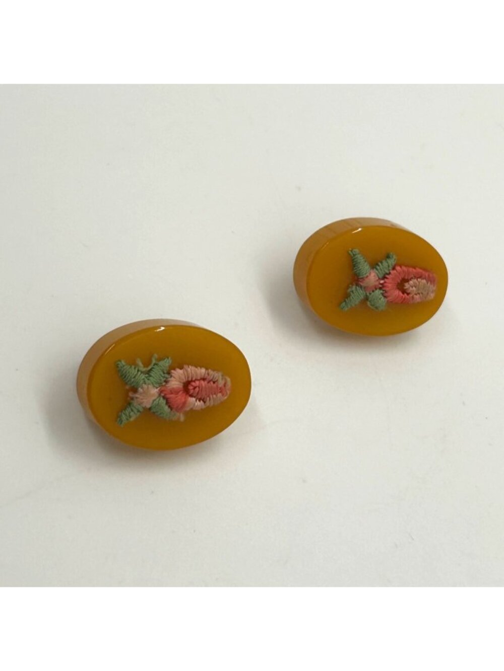 Bakelite Clip-On Earrings  Butterscotch Pink & Green Embroidered Floral Vintage - Picture 6 of 15
